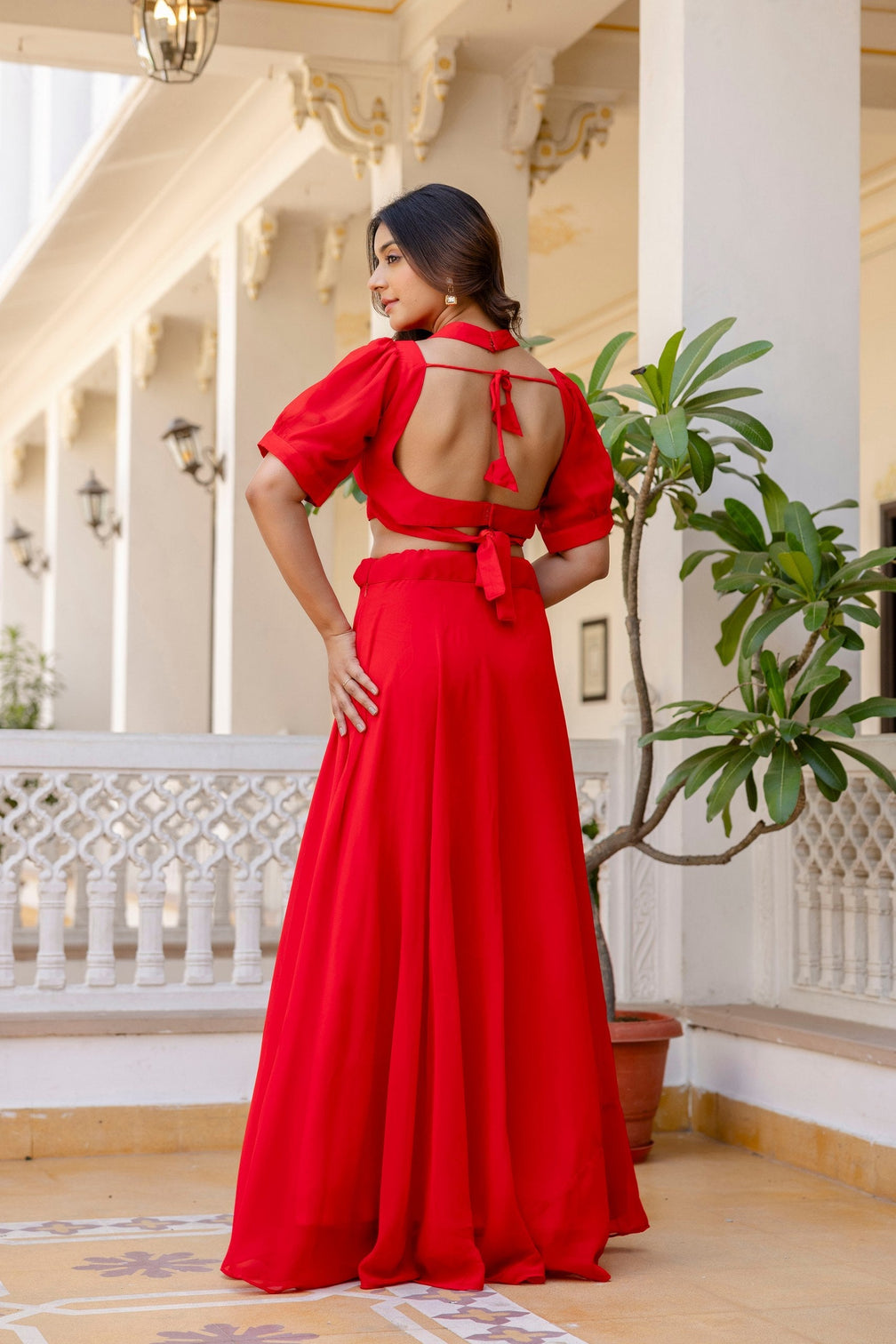 Red Stylish Plain Georgette Lehenga Set with Fancy Neck & Back Design Blouse