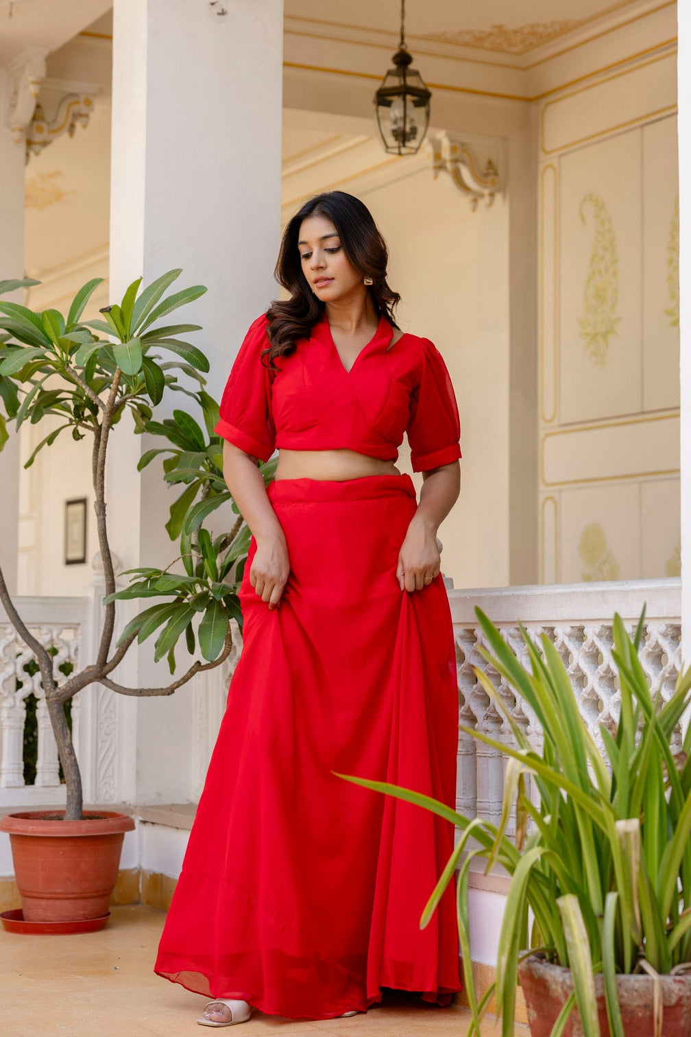 Red Stylish Plain Georgette Lehenga Set with Fancy Neck & Back Design Blouse