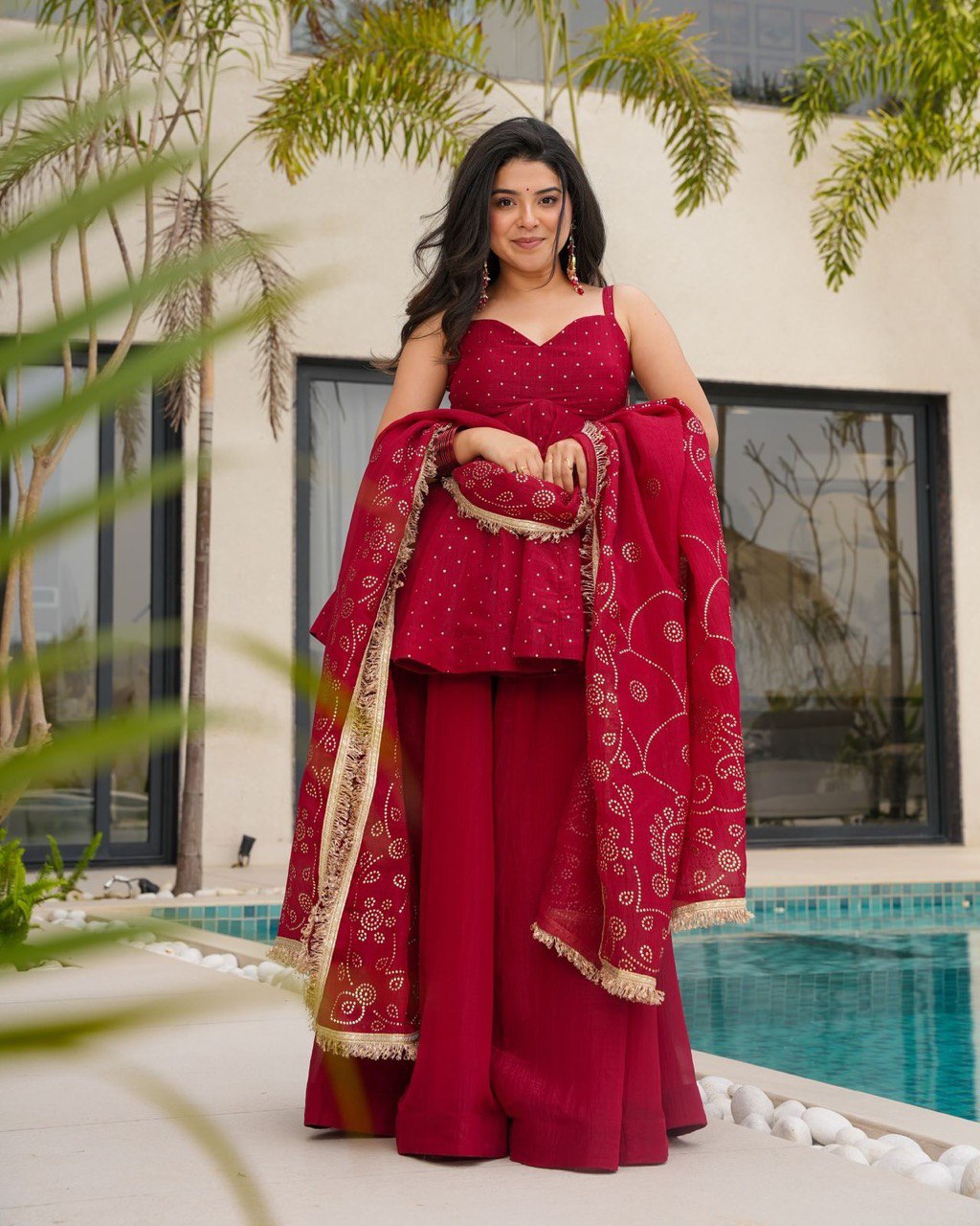 Red Tabby Organza Work Suit Set with Plazo & Dupatta