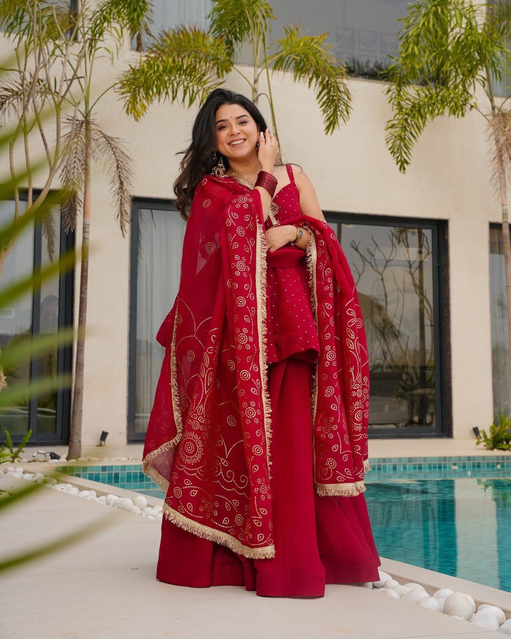 Red Tabby Organza Work Suit Set with Plazo & Dupatta
