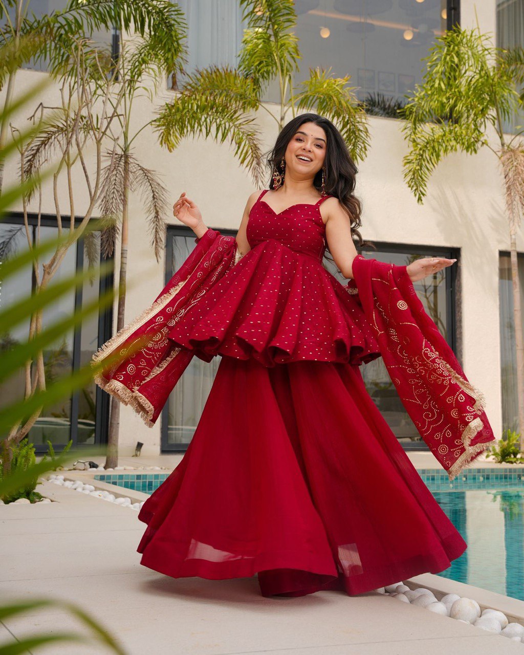 Red Tabby Organza Work Suit Set with Plazo & Dupatta