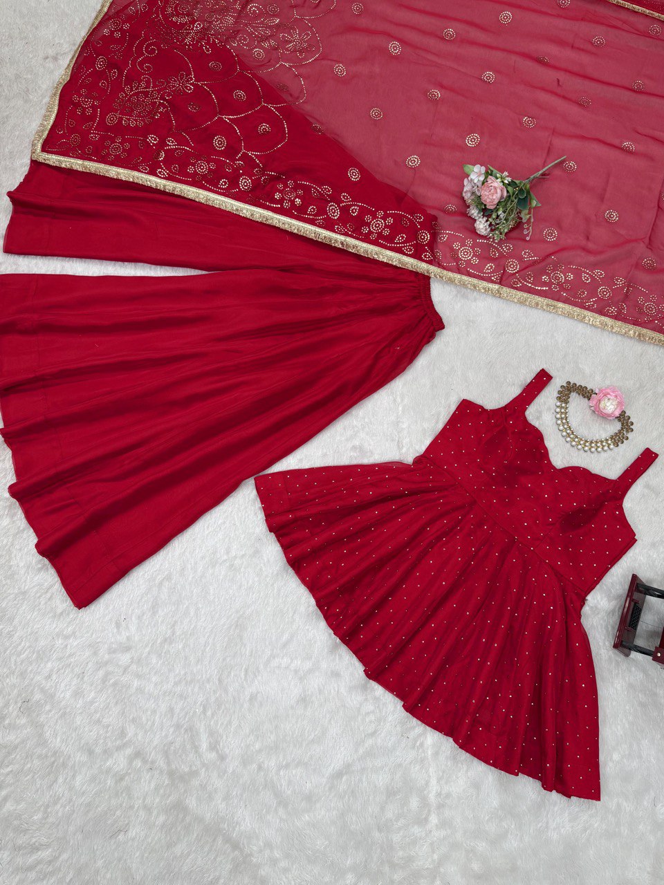 Red Tabby Organza Work Suit Set with Plazo & Dupatta