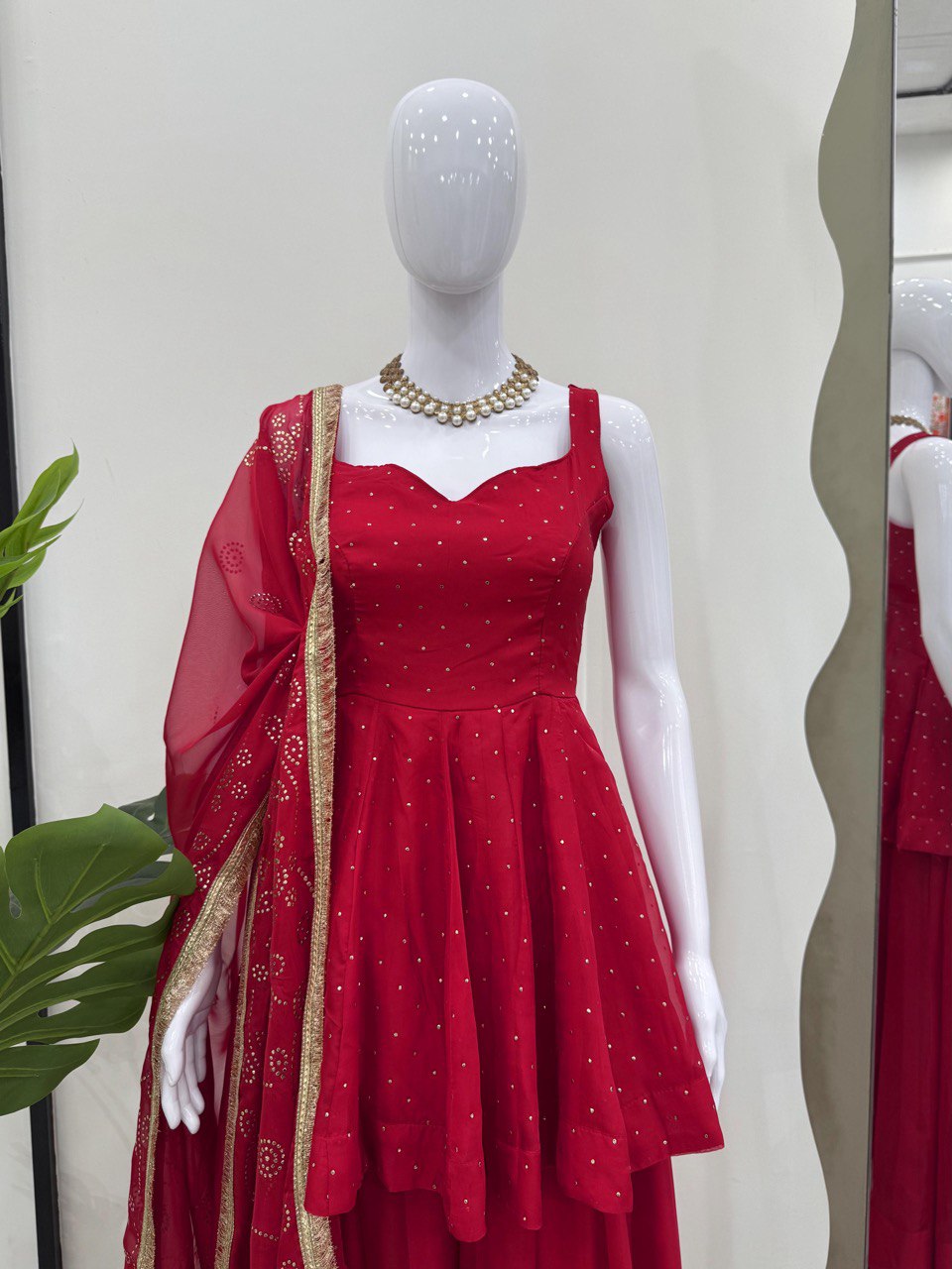Red Tabby Organza Work Suit Set with Plazo & Dupatta