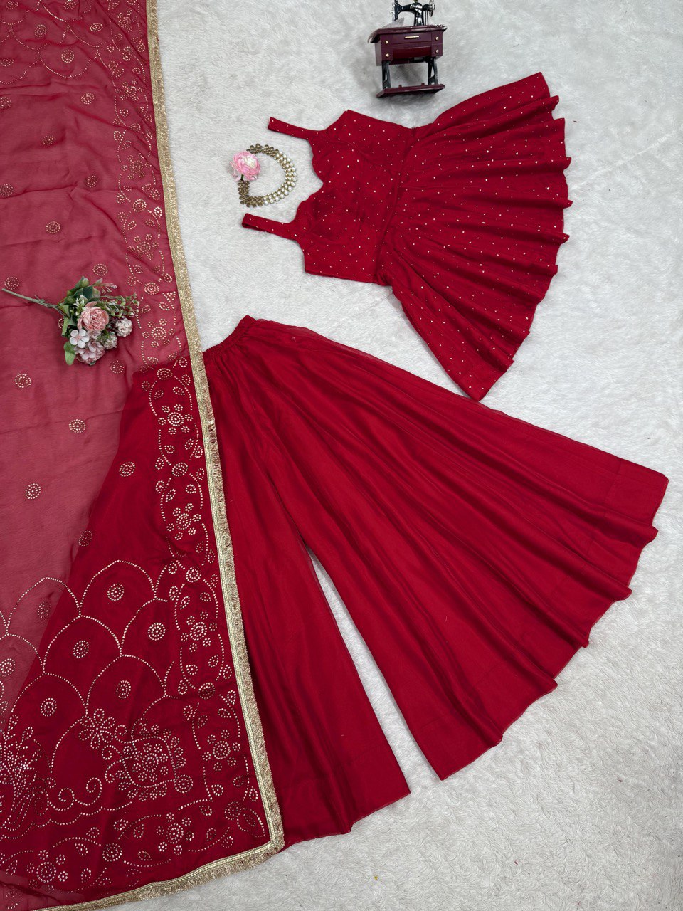 Red Tabby Organza Work Suit Set with Plazo & Dupatta
