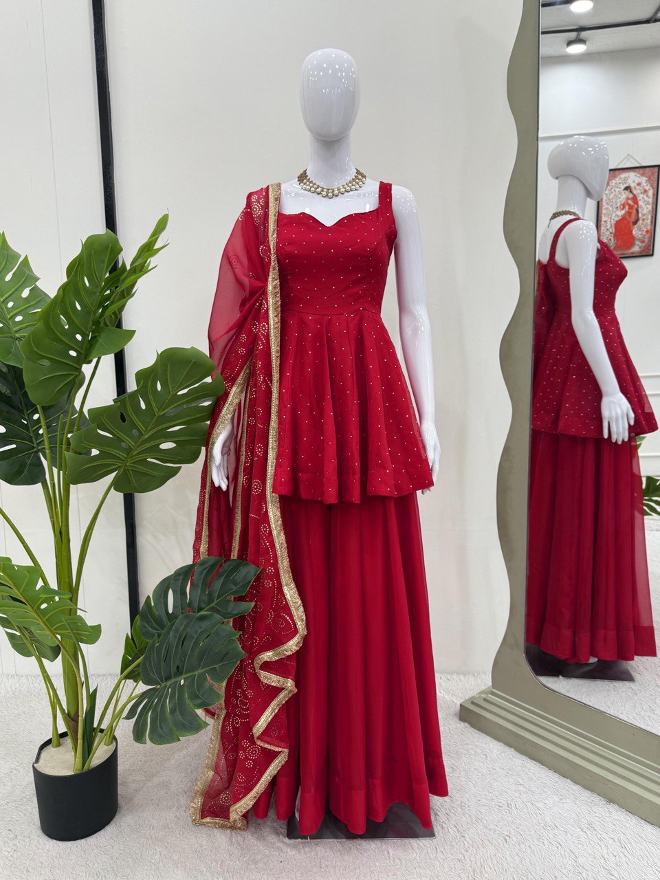 Red Tabby Organza Work Suit Set with Plazo & Dupatta