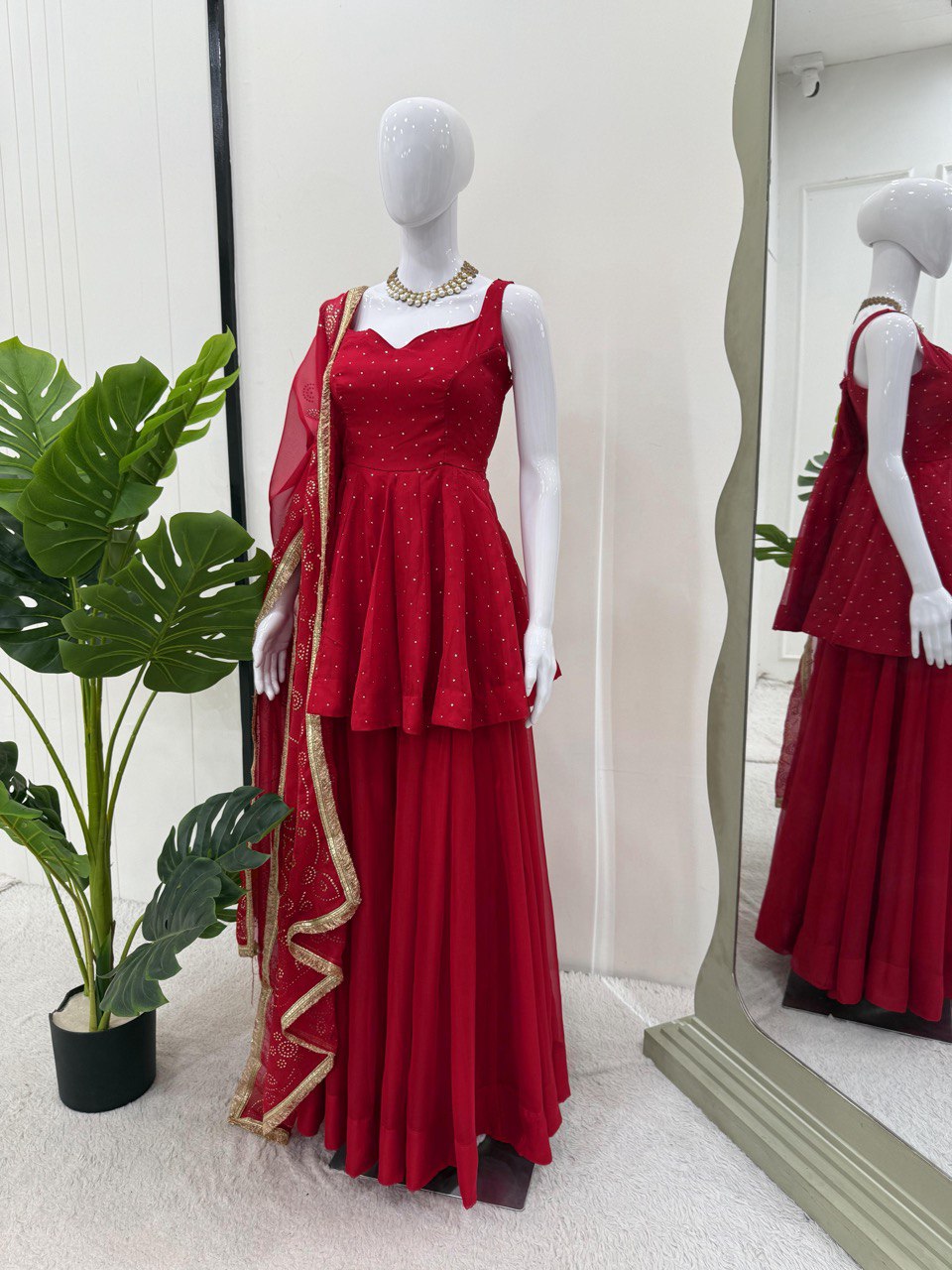 Red Tabby Organza Work Suit Set with Plazo & Dupatta