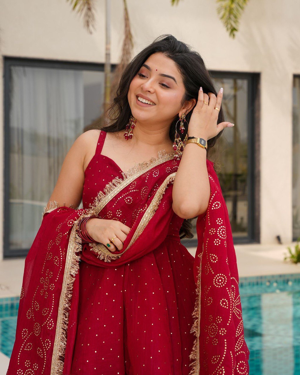 Red Tabby Organza Work Suit Set with Plazo & Dupatta