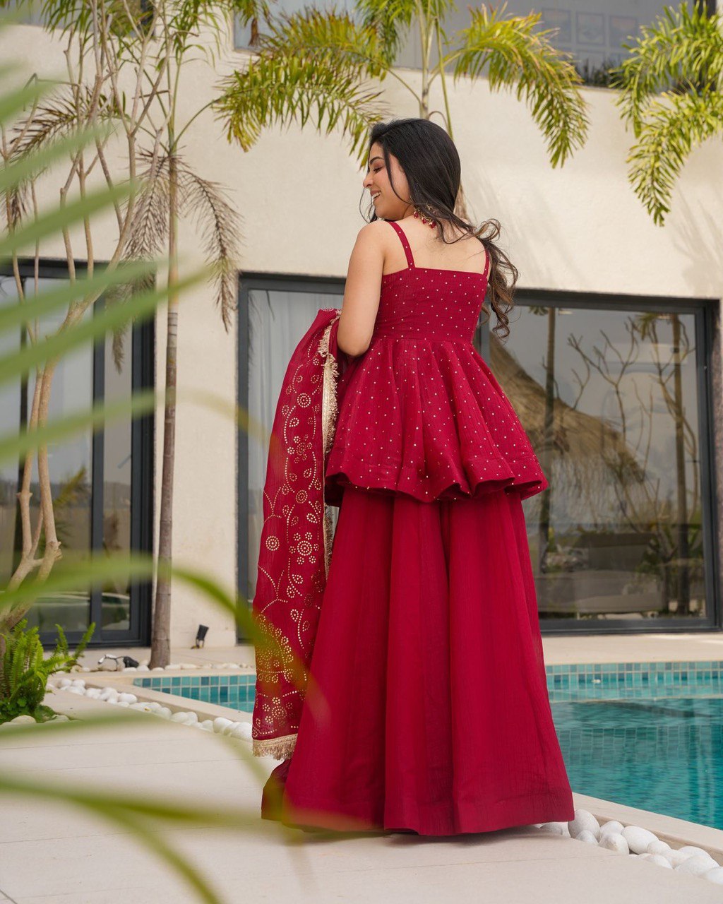 Red Tabby Organza Work Suit Set with Plazo & Dupatta