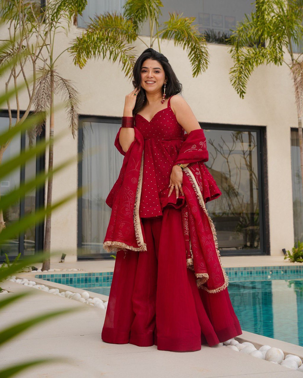 Red Tabby Organza Work Suit Set with Plazo & Dupatta