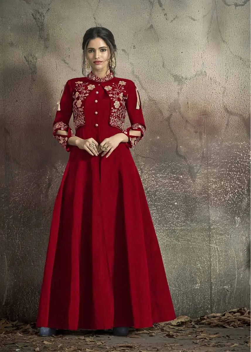 Red taffeta party wear gown ladies