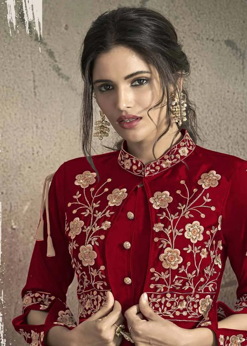 Red taffeta party wear gown ladies