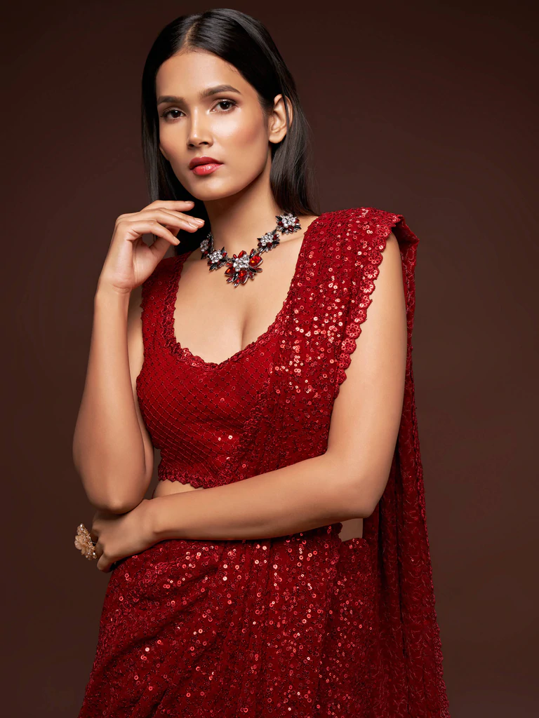 Red thread and multiple sequins embroidery saree