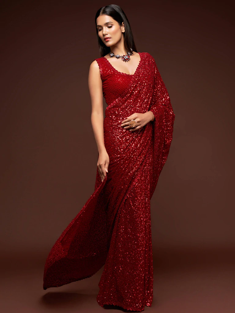 Red thread and multiple sequins embroidery saree