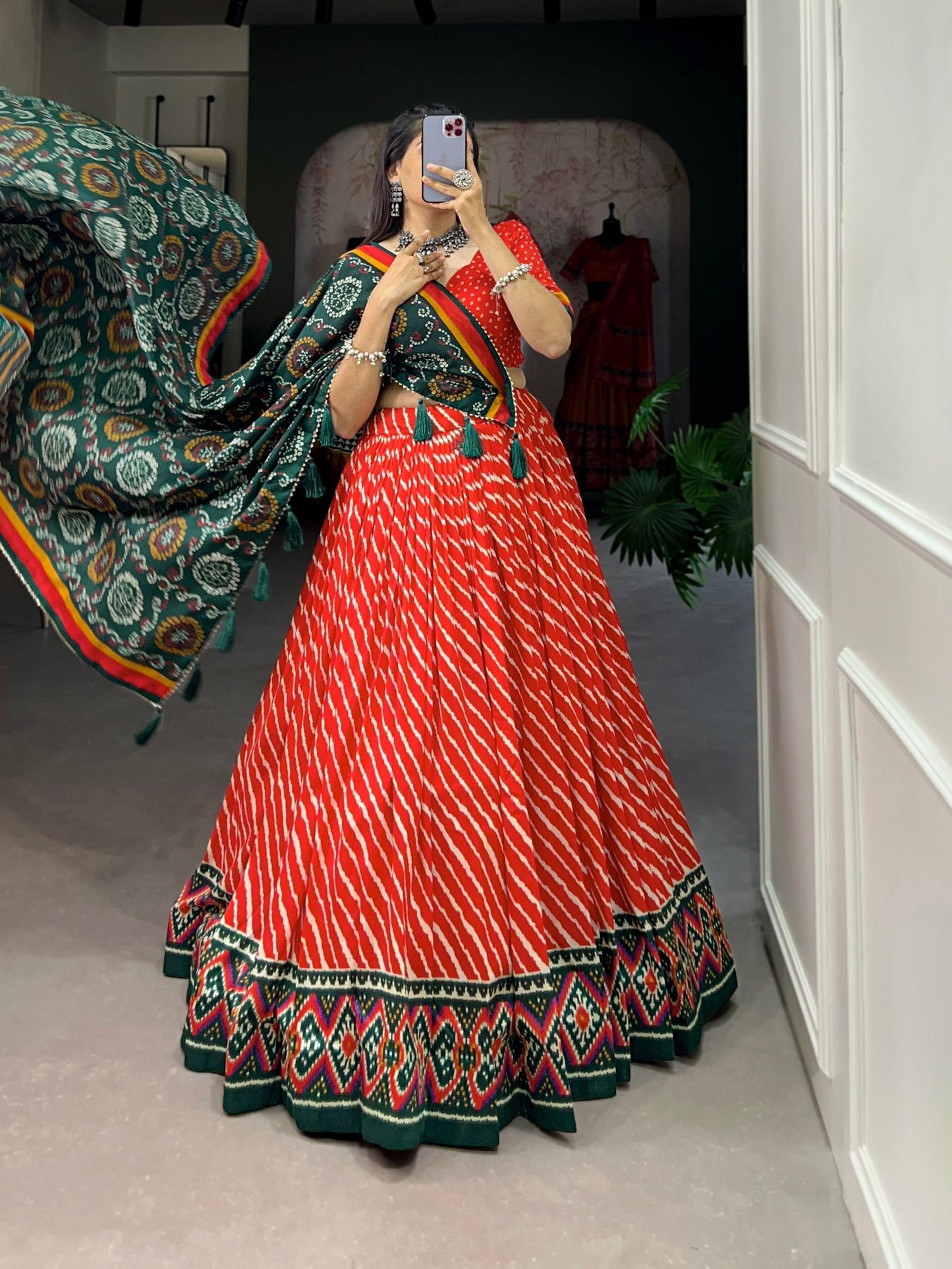 Red Tussar Silk Lehenga Choli with Leheriya Print, Patola Border & Bandhani Dupatta