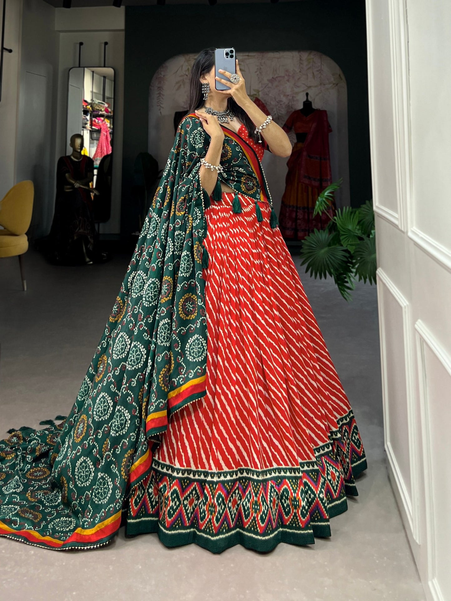 Red Tussar Silk Lehenga Choli with Leheriya Print, Patola Border & Bandhani Dupatta