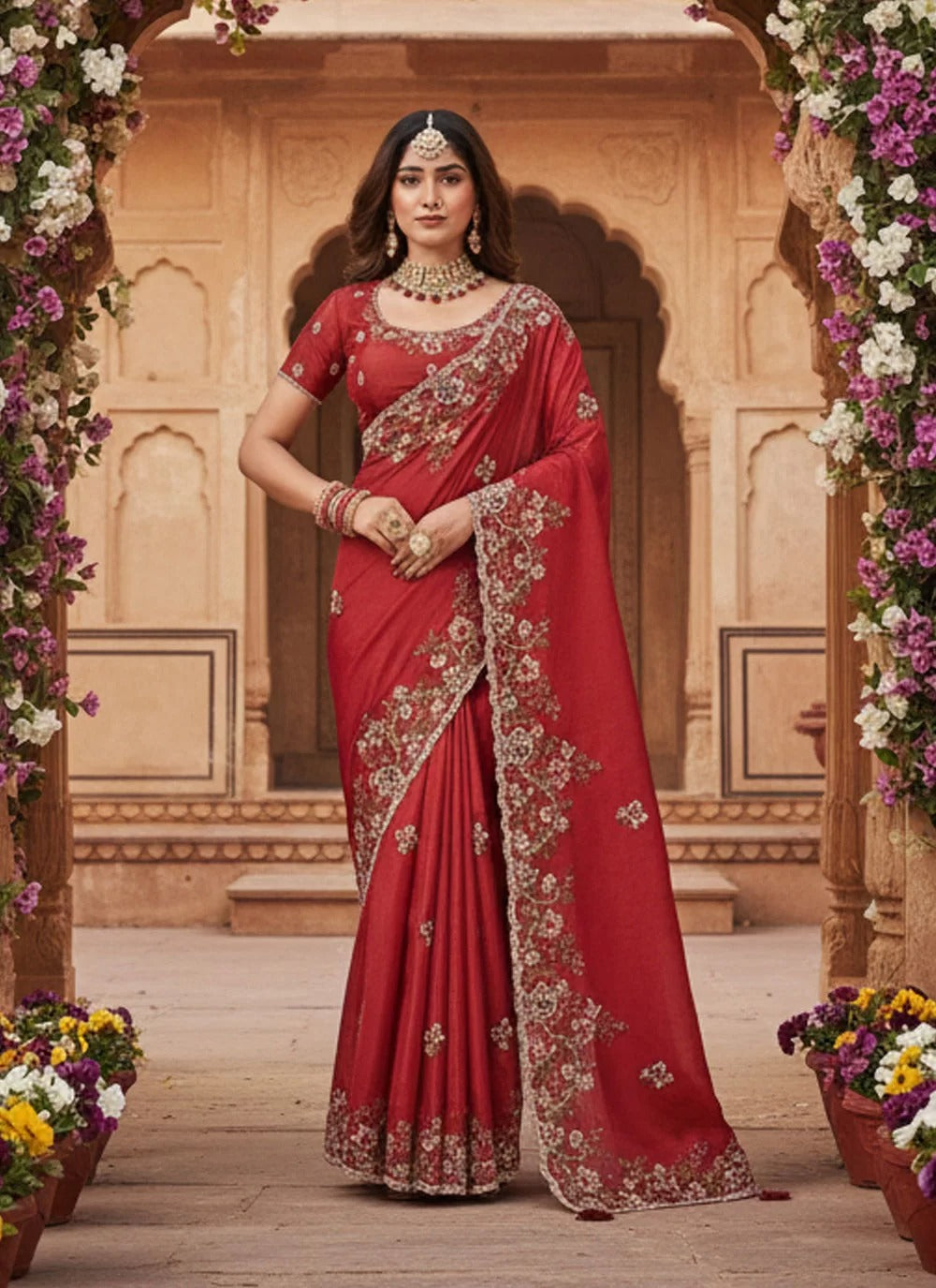 Radiant red upada silk karwa chauth saree with sequence cord embroidery stone work