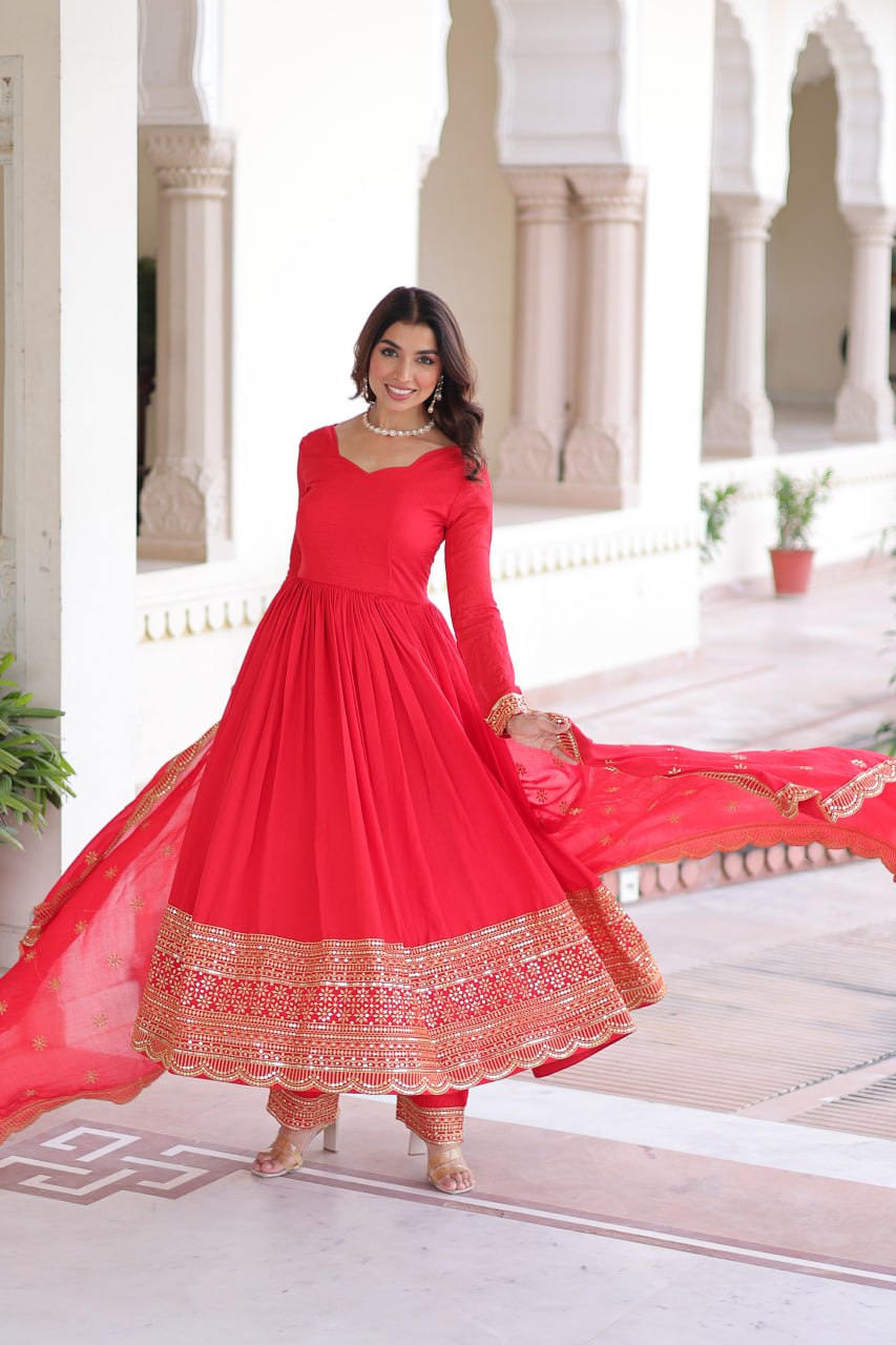 Red Vichitra Silk Embroidered Gown Set with Sequins Work, Dupatta & Bottom – Full Sleeves, Fancy V-Neck, 3-Meter Flair