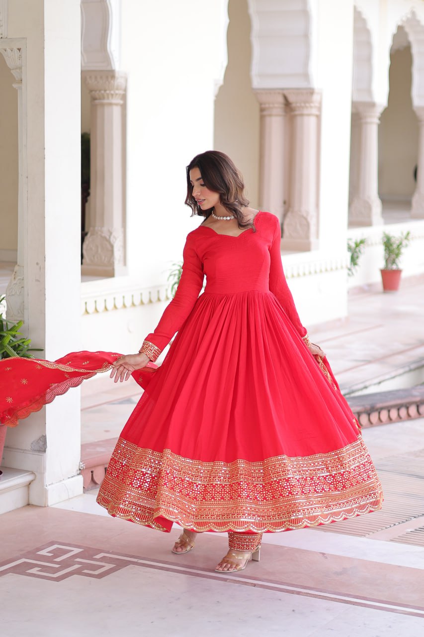 Red Vichitra Silk Embroidered Gown Set with Sequins Work, Dupatta & Bottom – Full Sleeves, Fancy V-Neck, 3-Meter Flair