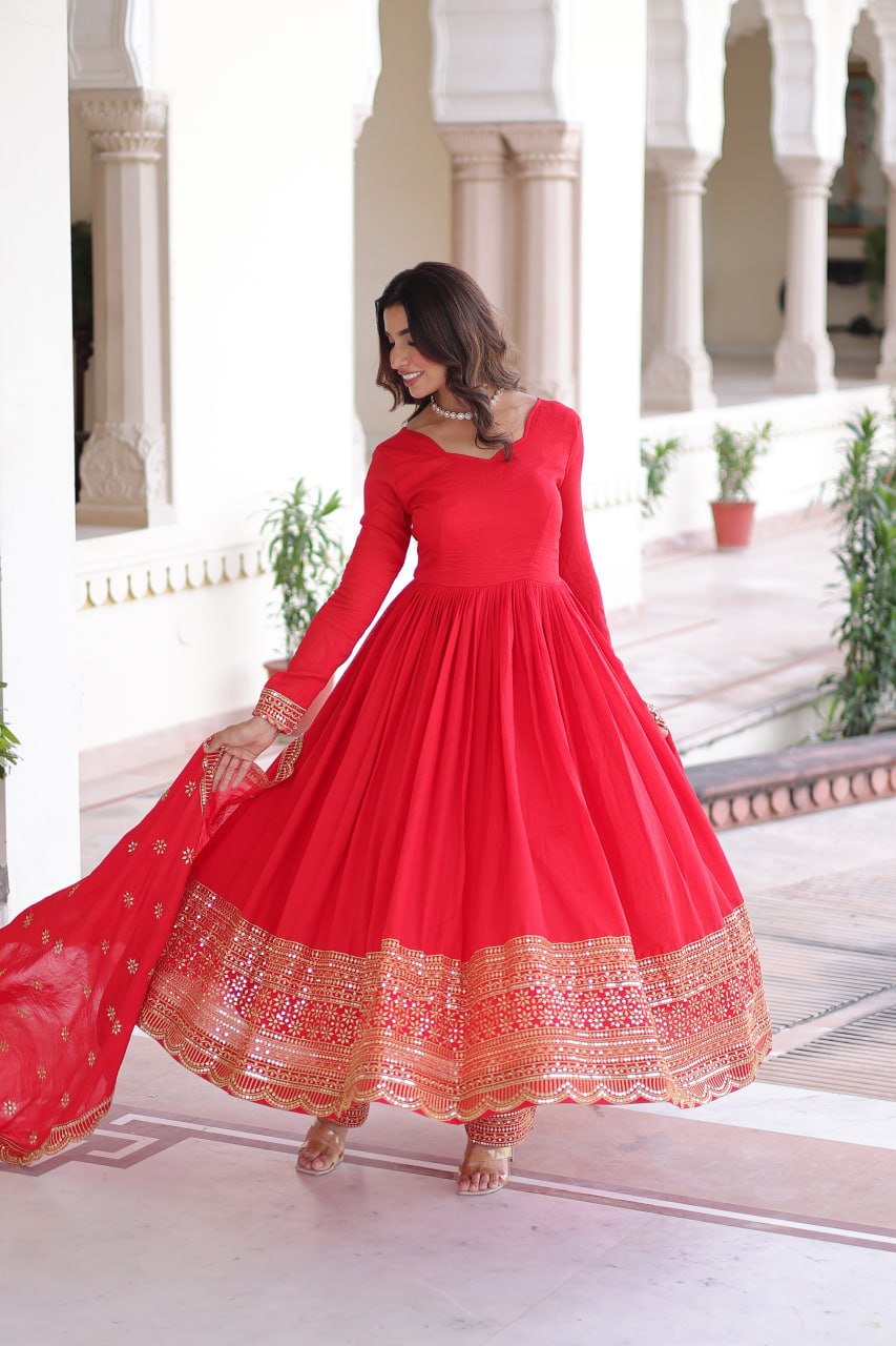 Red Vichitra Silk Embroidered Gown Set with Sequins Work, Dupatta & Bottom – Full Sleeves, Fancy V-Neck, 3-Meter Flair