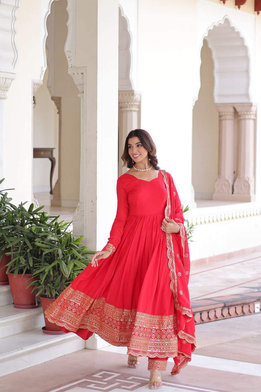 Red Vichitra Silk Embroidered Gown Set with Sequins Work, Dupatta & Bottom – Full Sleeves, Fancy V-Neck, 3-Meter Flair
