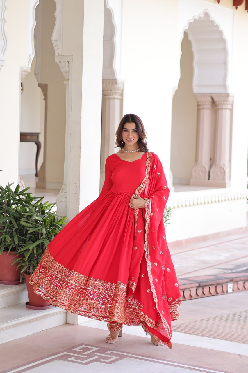 Red Vichitra Silk Embroidered Gown Set with Sequins Work, Dupatta & Bottom – Full Sleeves, Fancy V-Neck, 3-Meter Flair