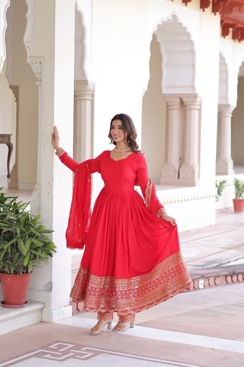 Red Vichitra Silk Embroidered Gown Set with Sequins Work, Dupatta & Bottom – Full Sleeves, Fancy V-Neck, 3-Meter Flair