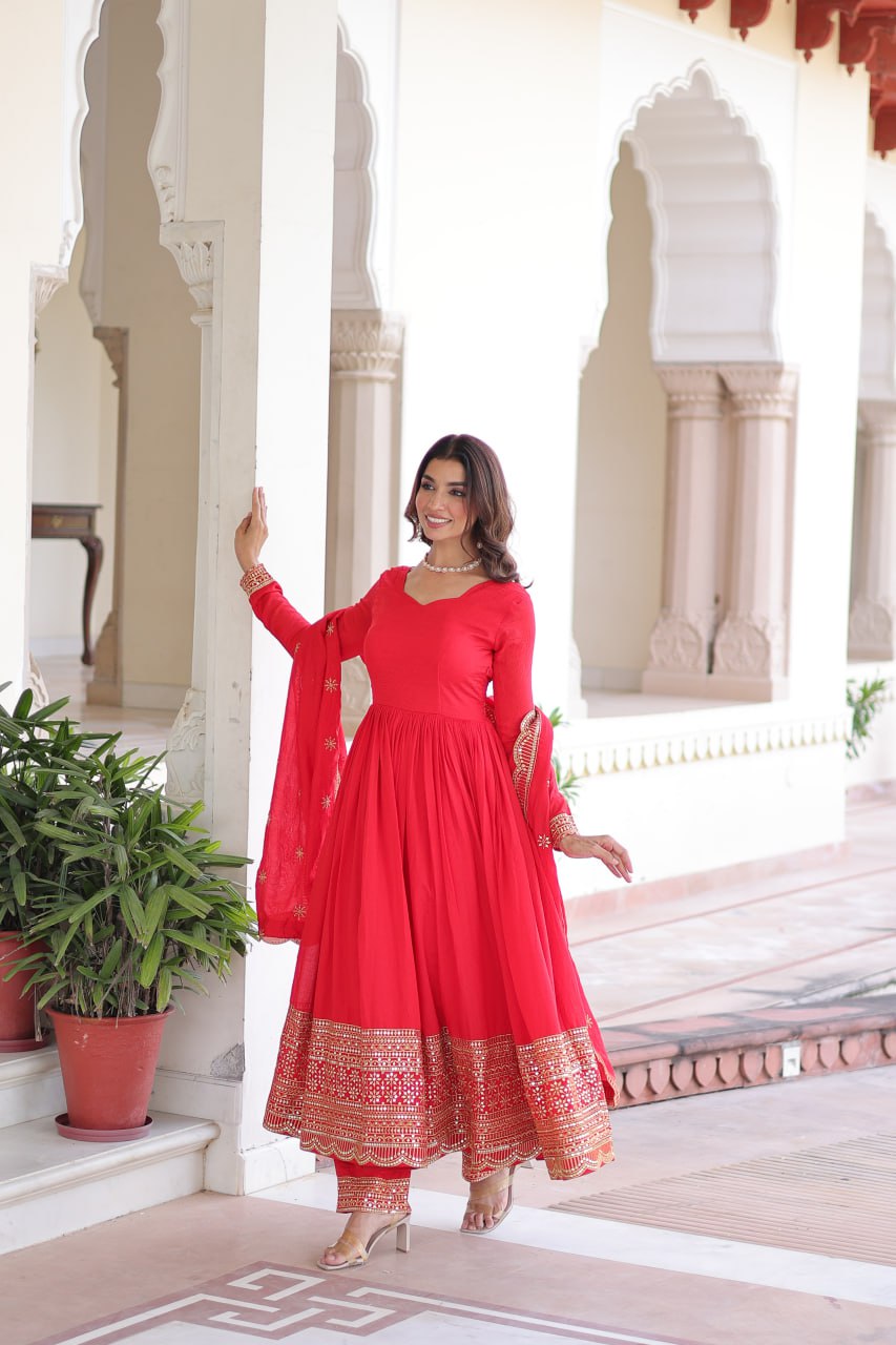 Red Vichitra Silk Embroidered Gown Set with Sequins Work, Dupatta & Bottom – Full Sleeves, Fancy V-Neck, 3-Meter Flair