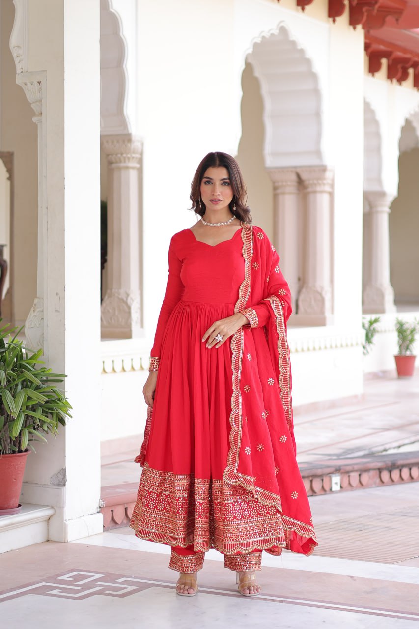 Red Vichitra Silk Embroidered Gown Set with Sequins Work, Dupatta & Bottom – Full Sleeves, Fancy V-Neck, 3-Meter Flair