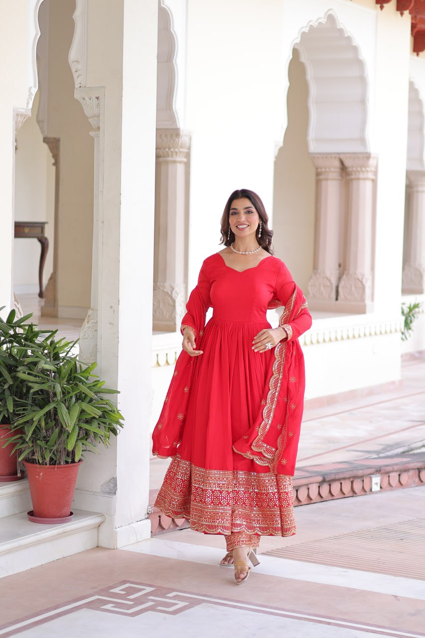 Red Vichitra Silk Embroidered Gown Set with Sequins Work, Dupatta & Bottom – Full Sleeves, Fancy V-Neck, 3-Meter Flair