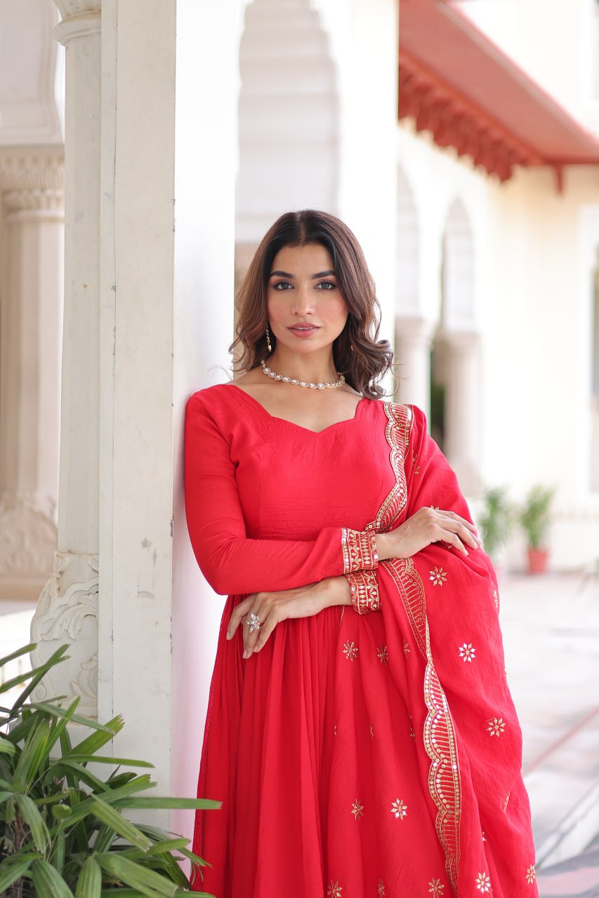 Red Vichitra Silk Embroidered Gown Set with Sequins Work, Dupatta & Bottom – Full Sleeves, Fancy V-Neck, 3-Meter Flair