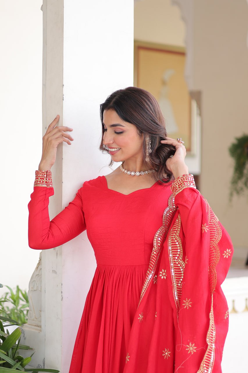 Red Vichitra Silk Embroidered Gown Set with Sequins Work, Dupatta & Bottom – Full Sleeves, Fancy V-Neck, 3-Meter Flair
