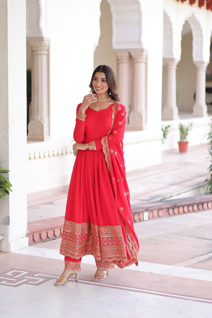 Red Vichitra Silk Embroidered Gown Set with Sequins Work, Dupatta & Bottom – Full Sleeves, Fancy V-Neck, 3-Meter Flair