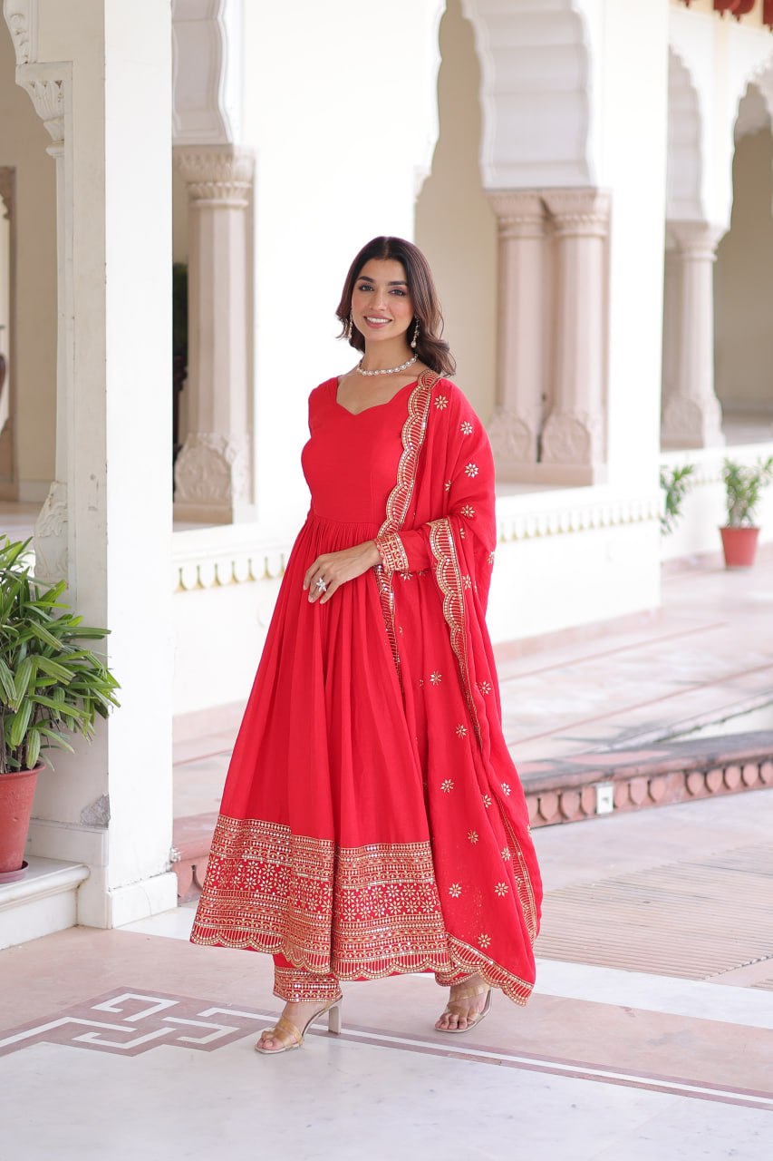Red Vichitra Silk Embroidered Gown Set with Sequins Work, Dupatta & Bottom – Full Sleeves, Fancy V-Neck, 3-Meter Flair