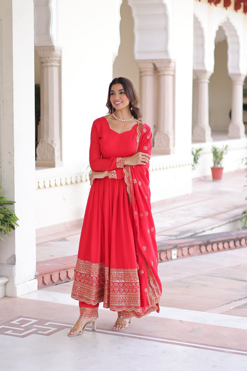 Red Vichitra Silk Embroidered Gown Set with Sequins Work, Dupatta & Bottom – Full Sleeves, Fancy V-Neck, 3-Meter Flair