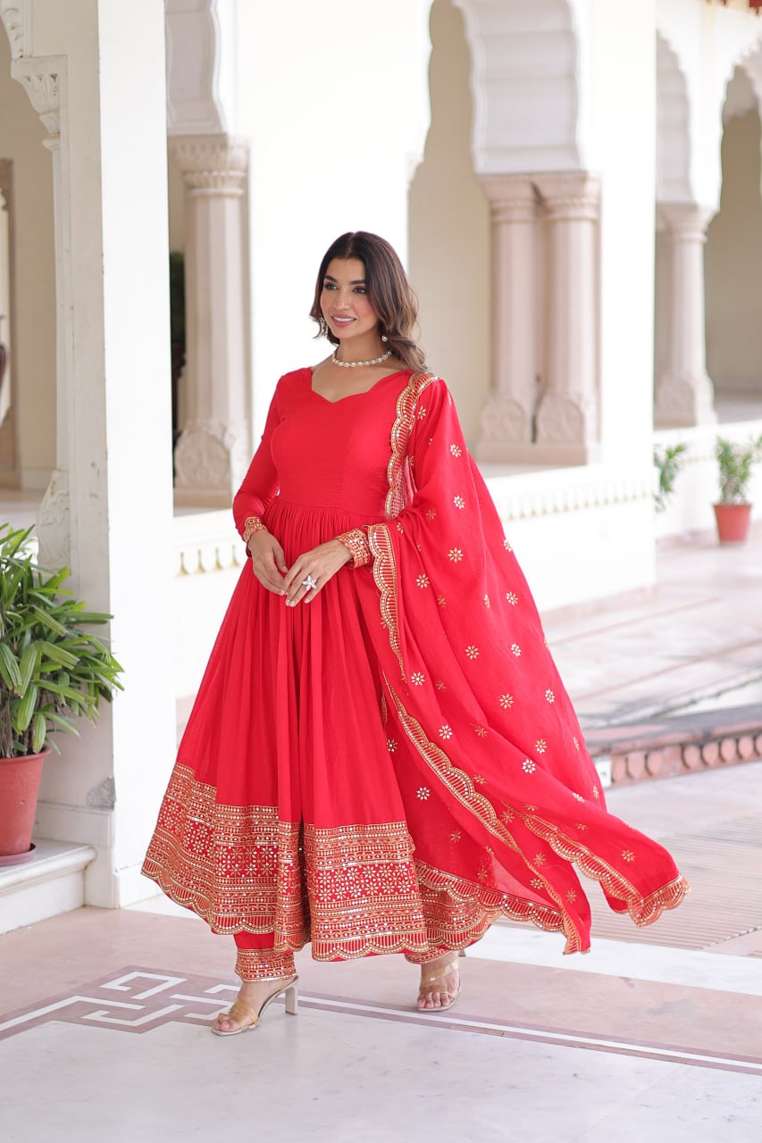 Red Vichitra Silk Embroidered Gown Set with Sequins Work, Dupatta & Bottom – Full Sleeves, Fancy V-Neck, 3-Meter Flair