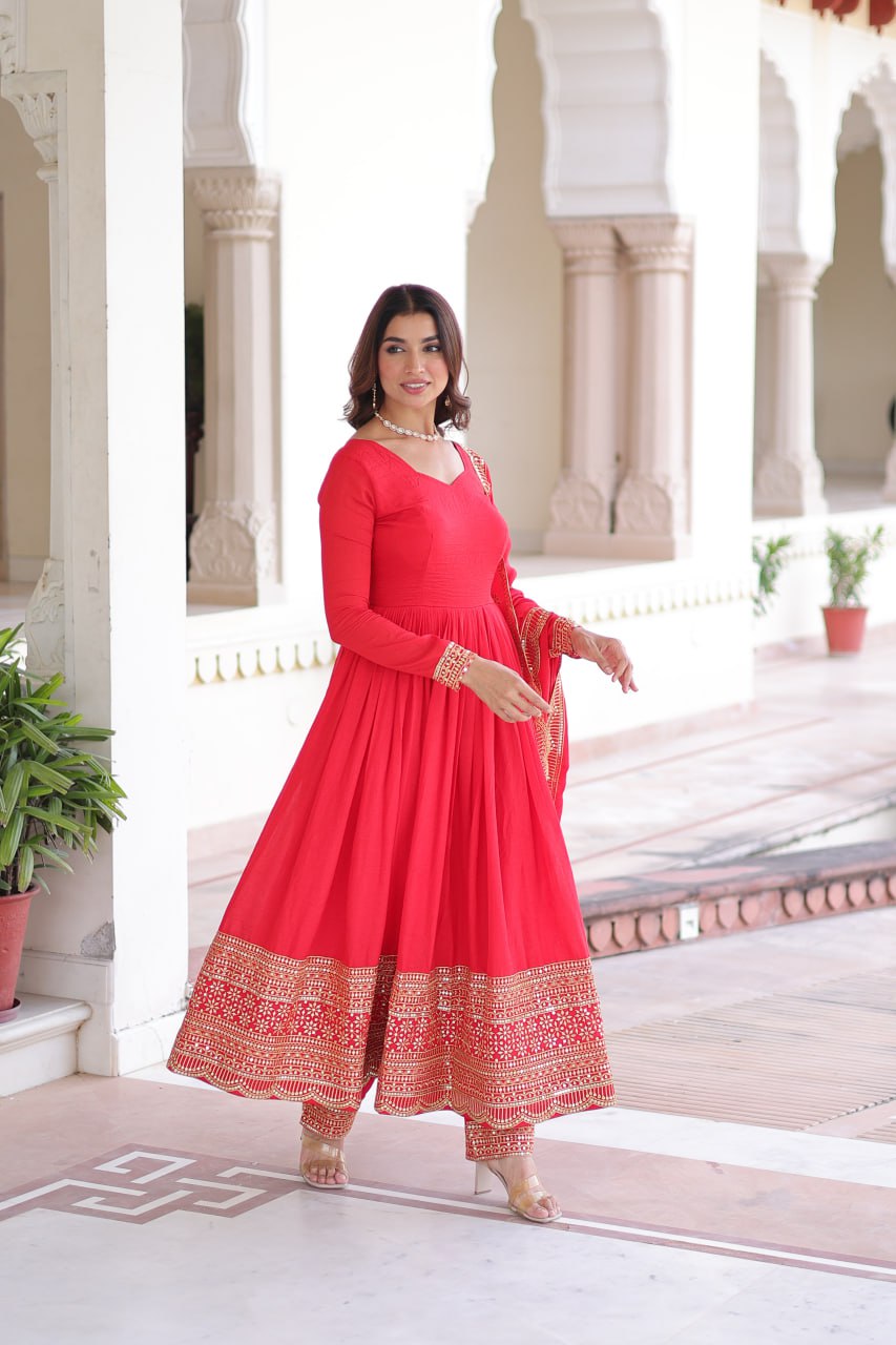 Red Vichitra Silk Embroidered Gown Set with Sequins Work, Dupatta & Bottom – Full Sleeves, Fancy V-Neck, 3-Meter Flair