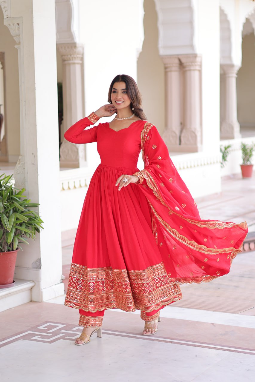 Red Vichitra Silk Embroidered Gown Set with Sequins Work, Dupatta & Bottom – Full Sleeves, Fancy V-Neck, 3-Meter Flair