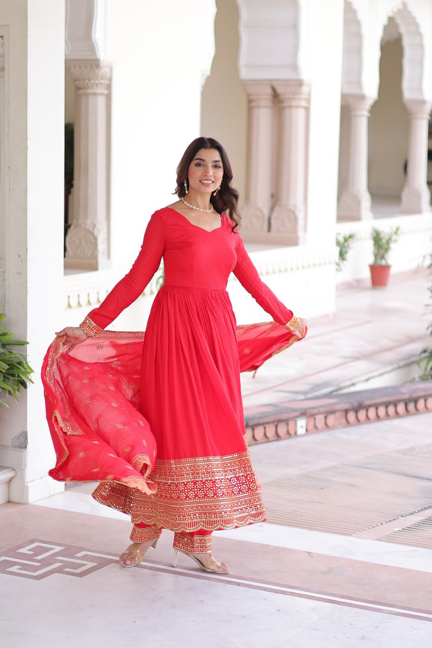 Red Vichitra Silk Embroidered Gown Set with Sequins Work, Dupatta & Bottom – Full Sleeves, Fancy V-Neck, 3-Meter Flair
