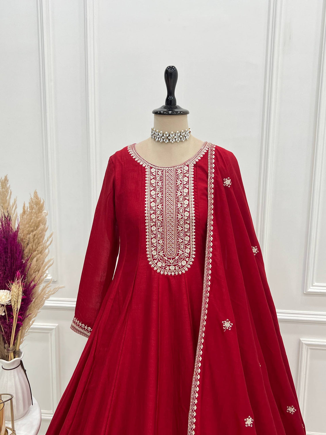 Red Vichitra Silk Kali Anarkali Gown