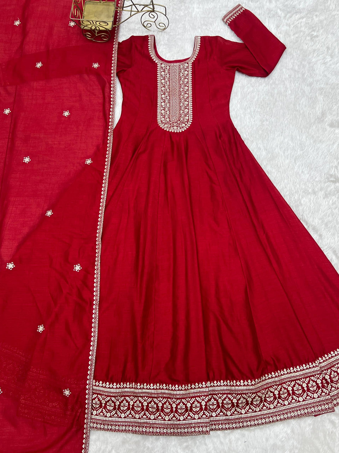 Red Vichitra Silk Kali Anarkali Gown