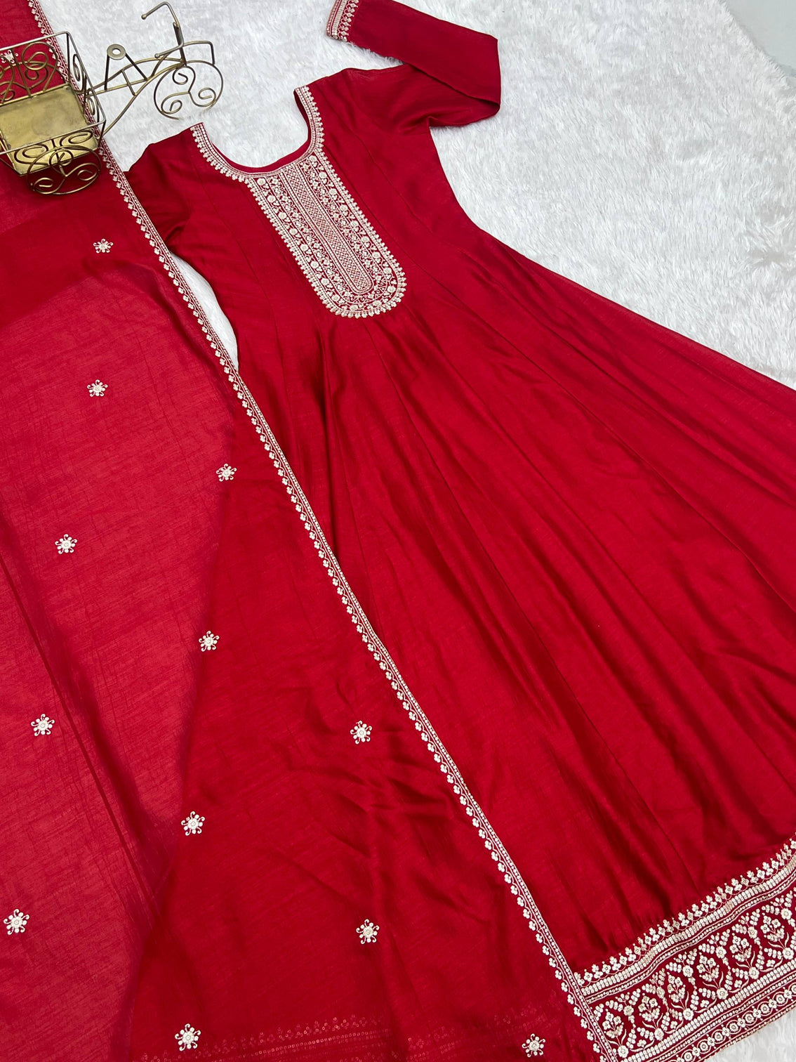 Red Vichitra Silk Kali Anarkali Gown