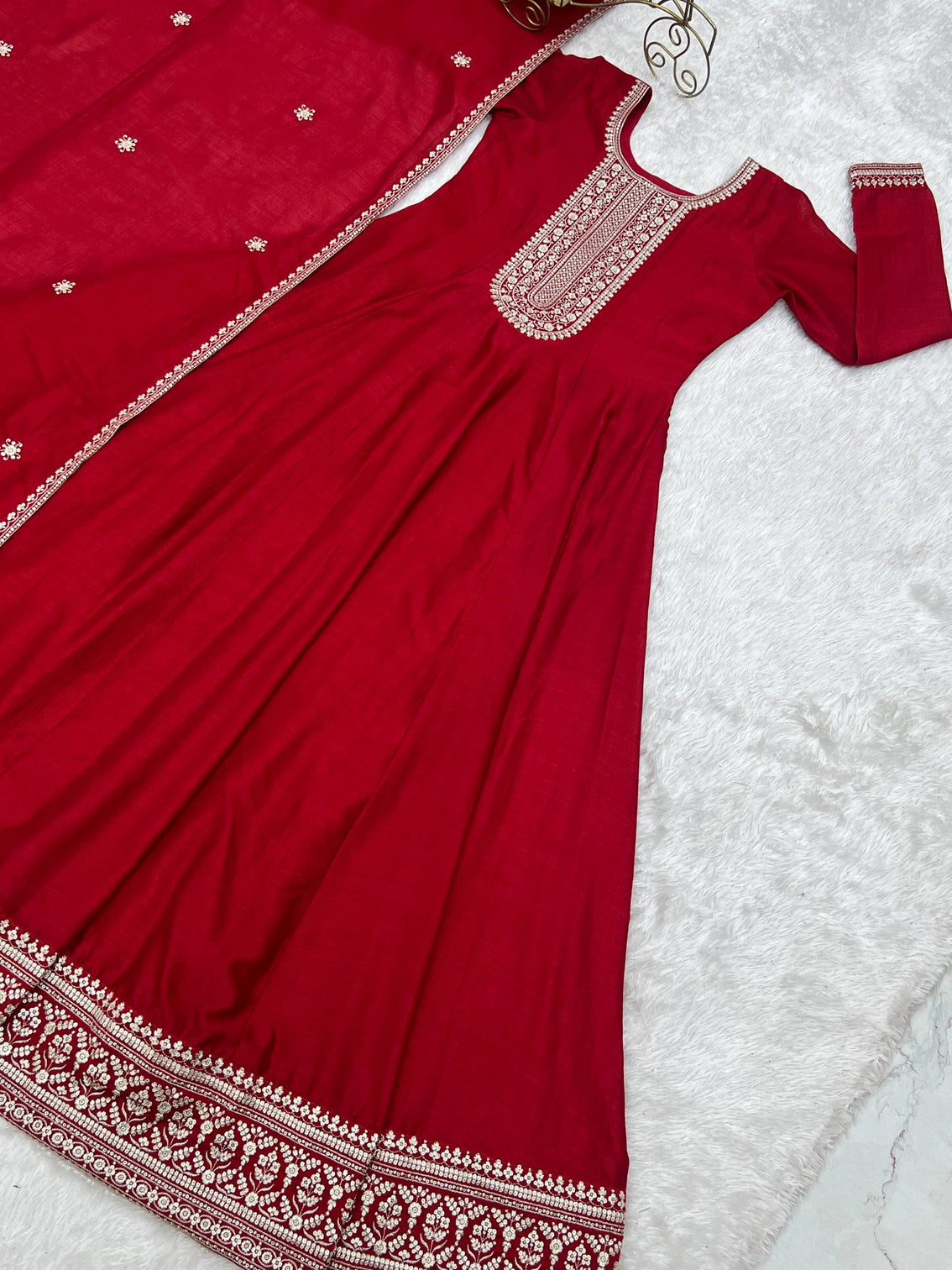 Red Vichitra Silk Kali Anarkali Gown