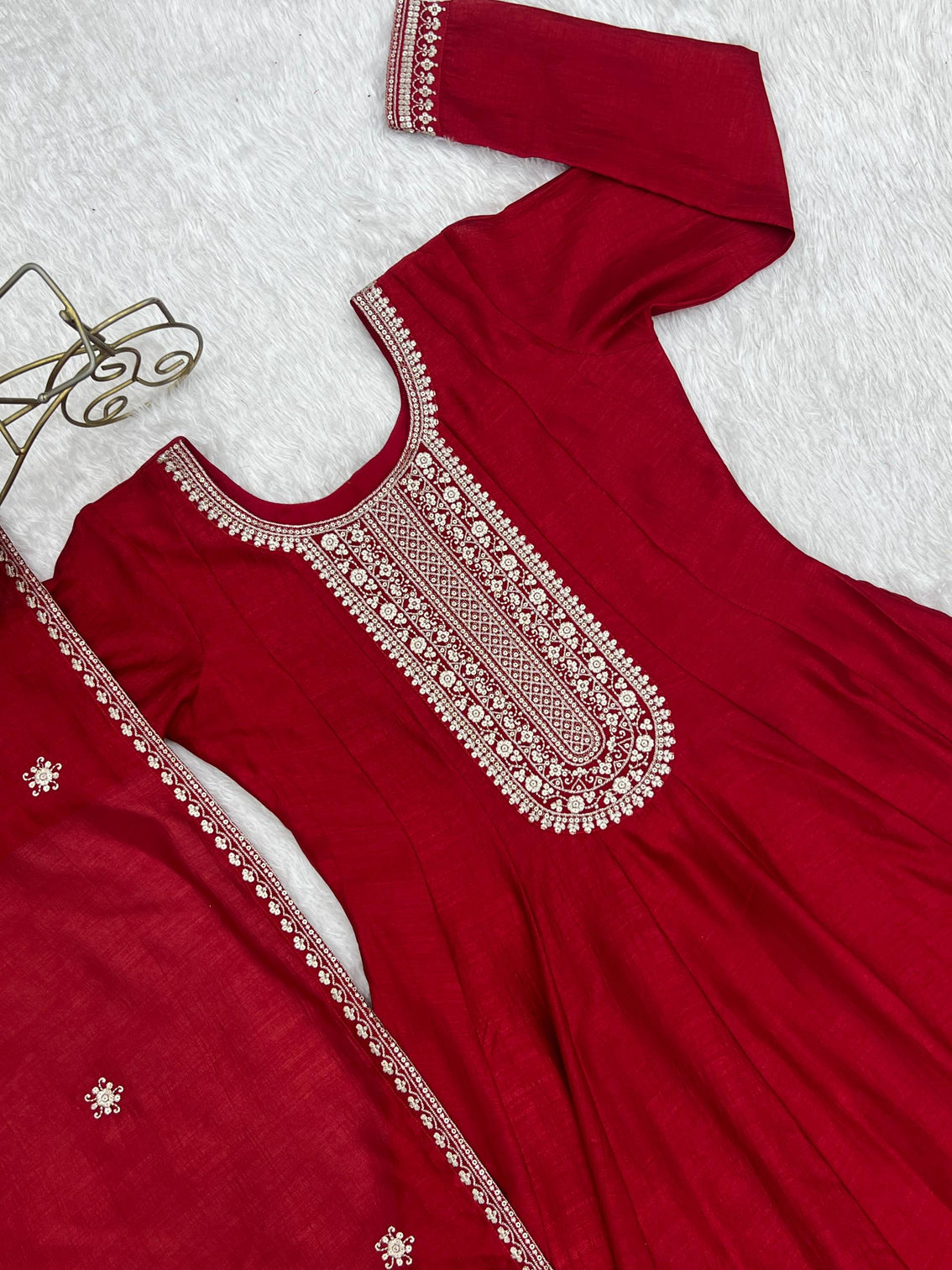 Red Vichitra Silk Kali Anarkali Gown