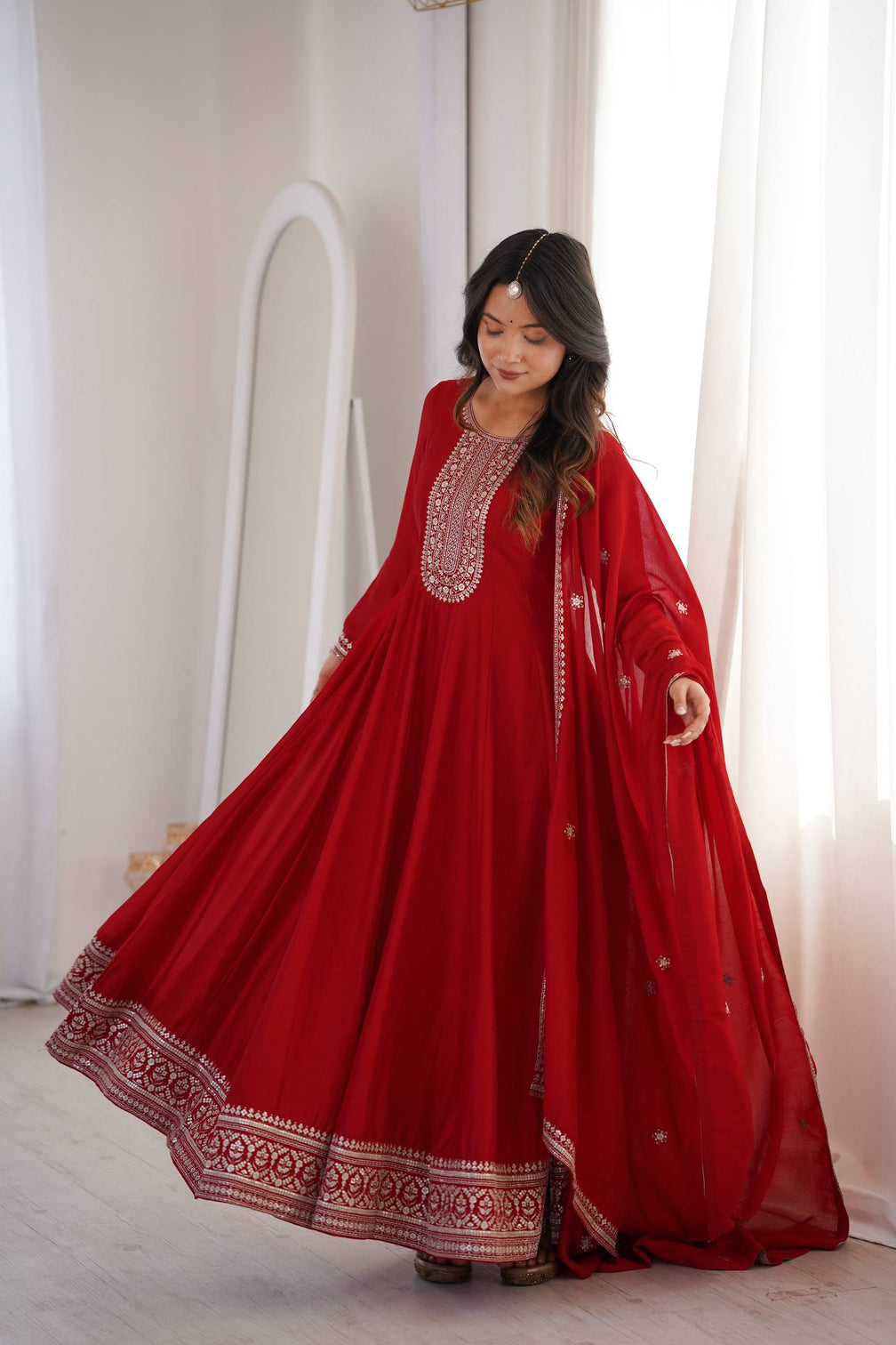 Red Vichitra Silk Kali Anarkali Gown
