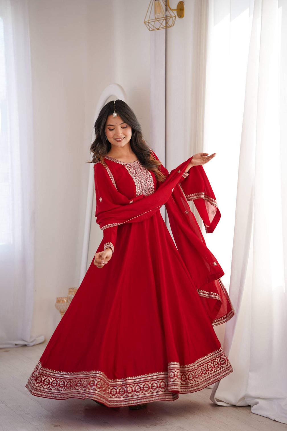 Red Vichitra Silk Kali Anarkali Gown