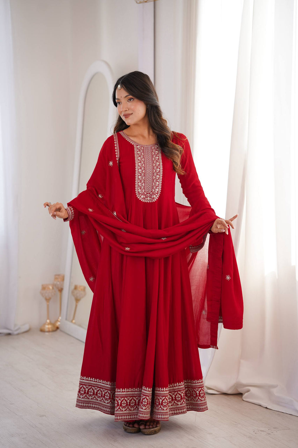 Red Vichitra Silk Kali Anarkali Gown