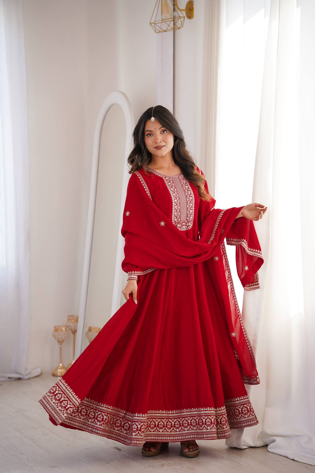 Red Vichitra Silk Kali Anarkali Gown