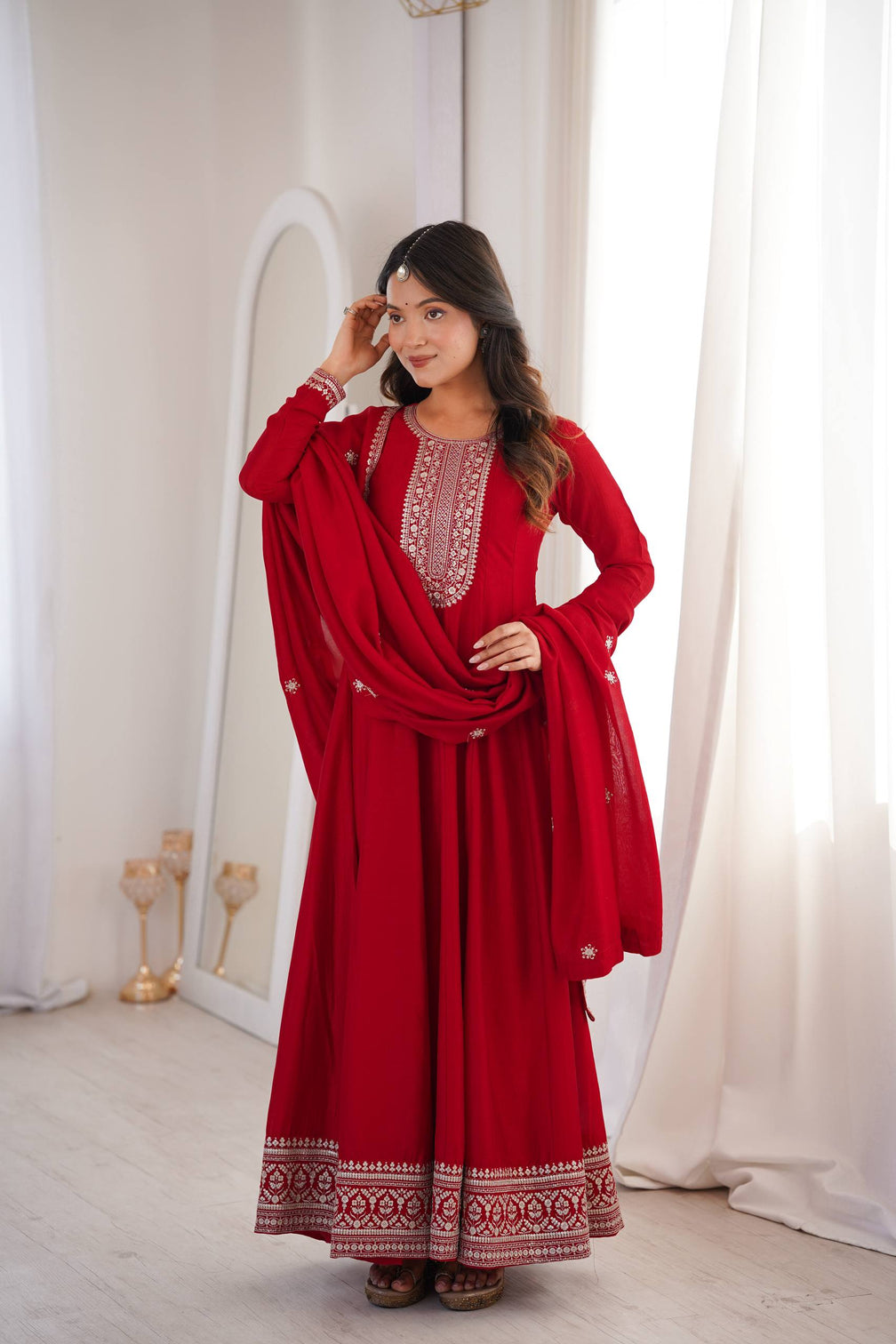 Red Vichitra Silk Kali Anarkali Gown