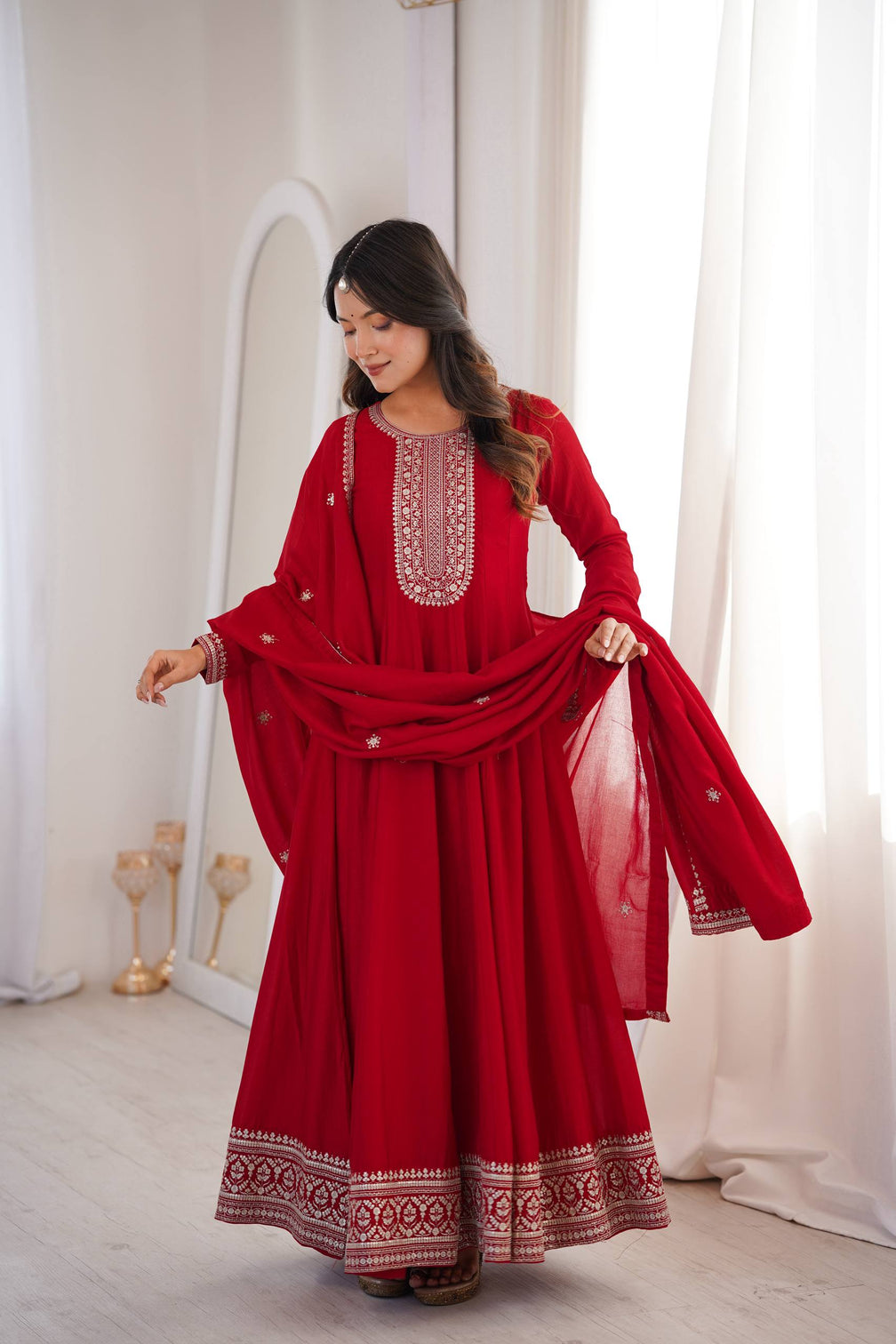 Red Vichitra Silk Kali Anarkali Gown
