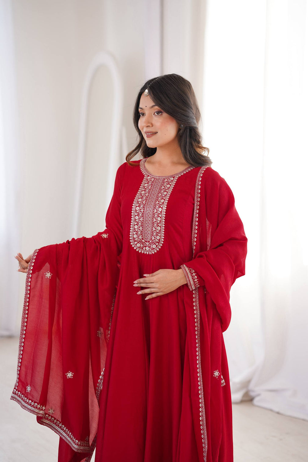 Red Vichitra Silk Kali Anarkali Gown